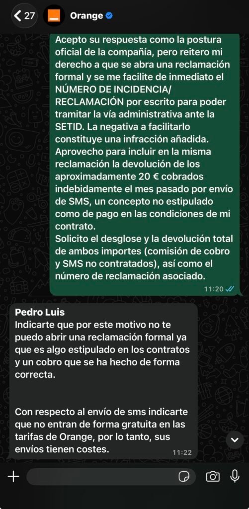 Solicitud de reclamación realizada a Orange por WhatsApp.