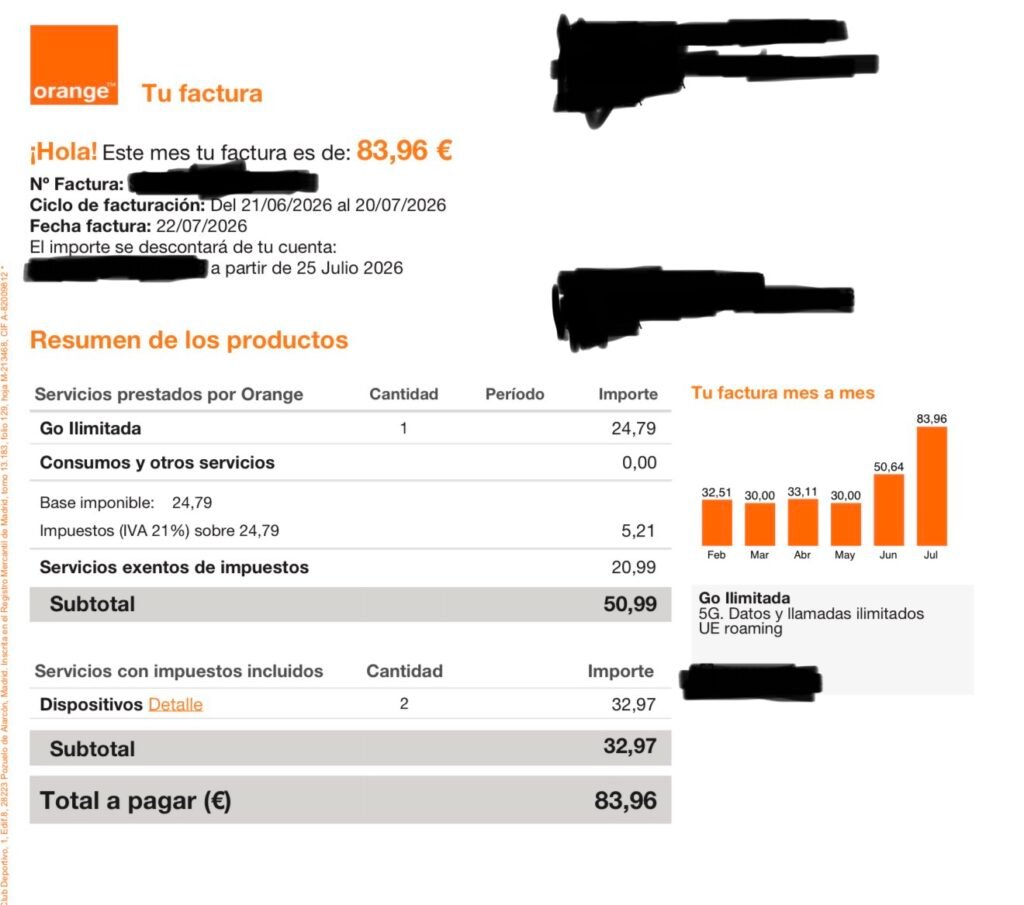 Factura Orange con cargo de 20,99 euros en consumo y otros servicios.